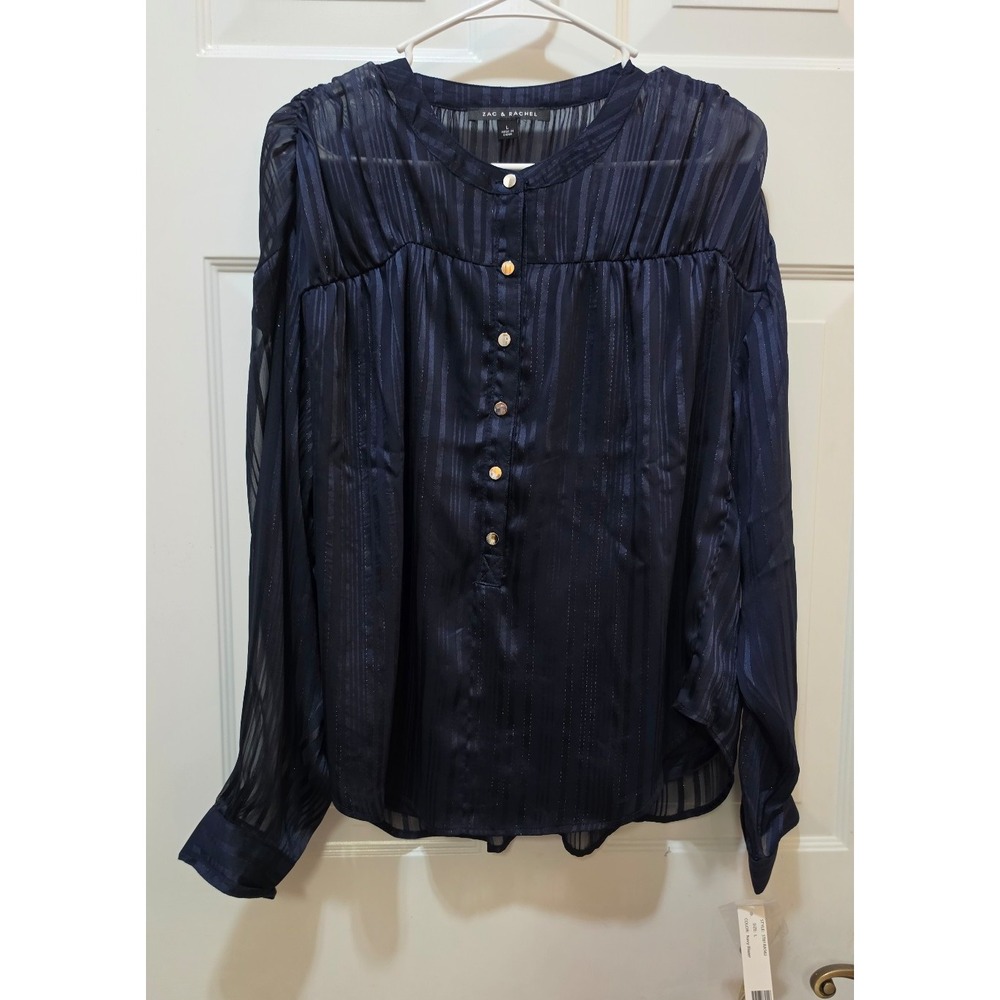Zac & Rachel Navy Blazer Sheer Metallic Striped Blouse ST81RA56J L